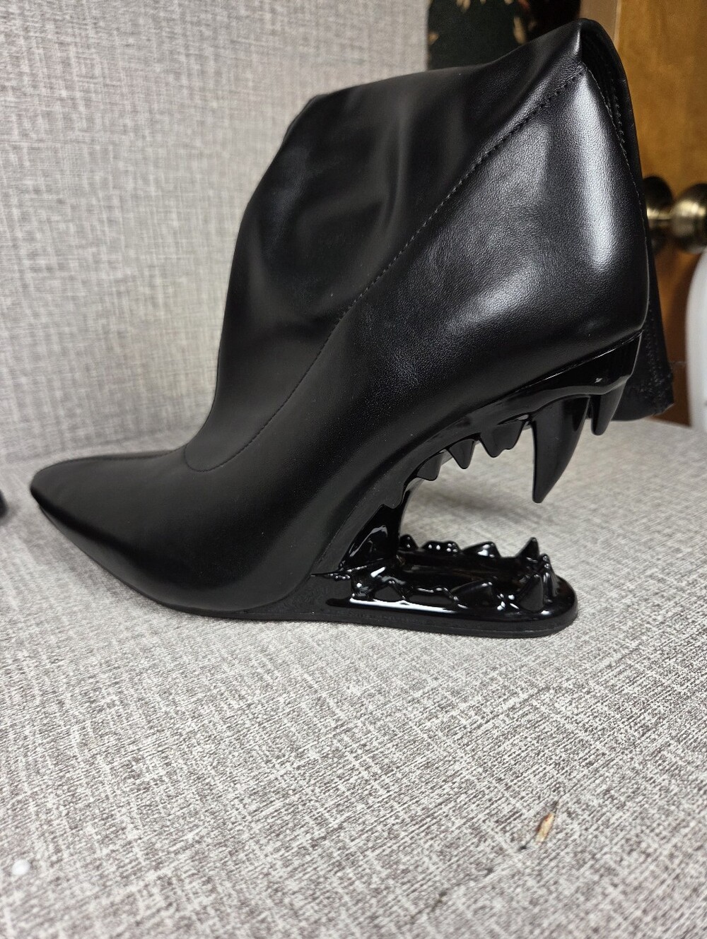 Teeth Heel Black Faux Leather Stretch Ankle Boots Women's 9 Halloween Goth